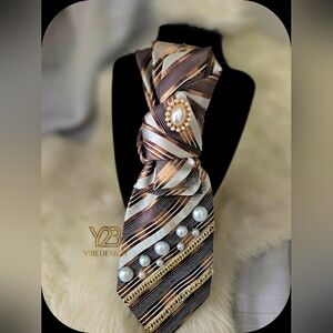 Elegant Striped Scarf with Pearl Accents